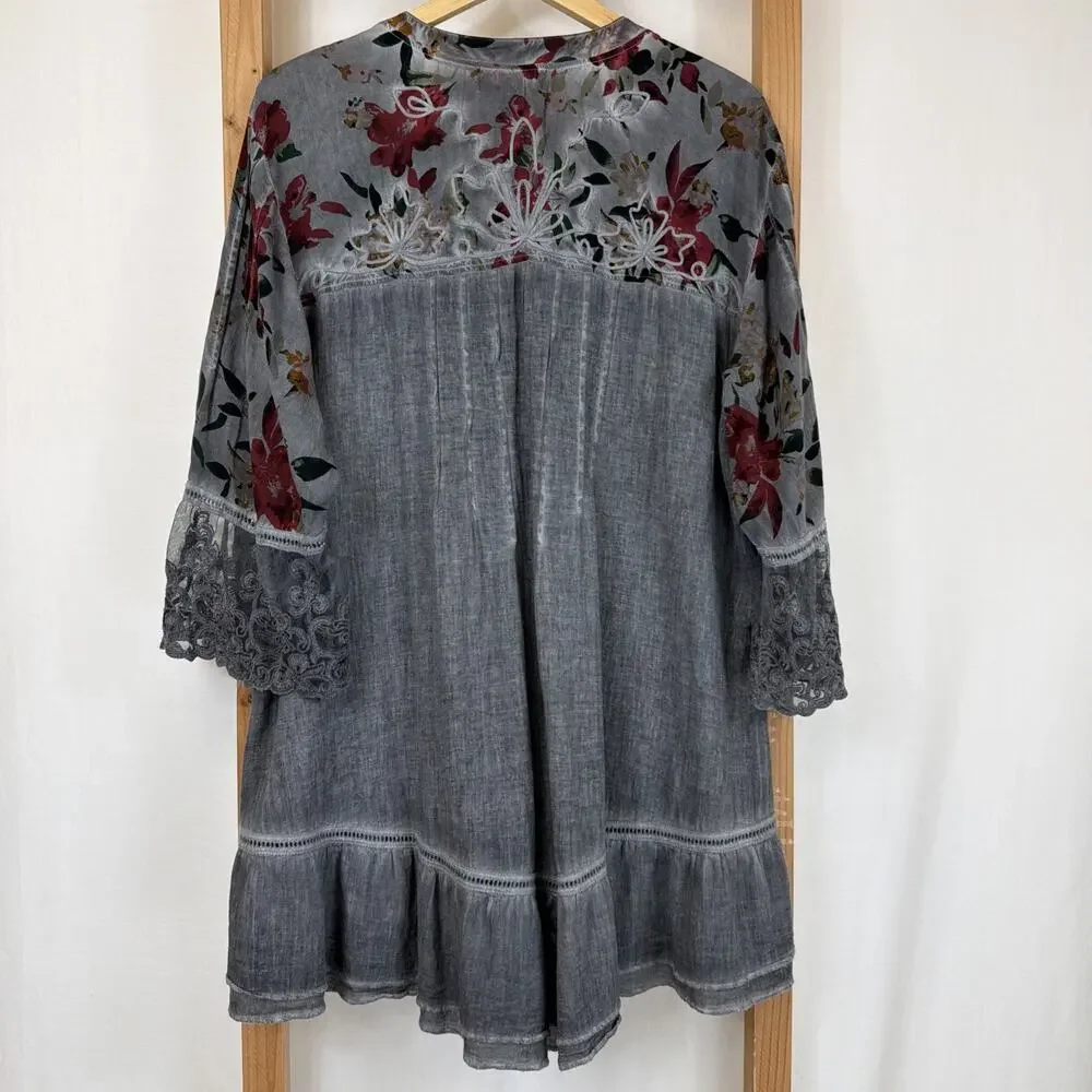 Gretty Zueger Gray V Neck Lace On Cuffs Hem High Low Tunic #1364 Size 2X - Picture 8 of 12